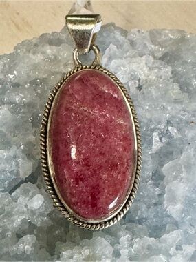 A Grade Rhodonite Sterling Silver Pink Oval Gemstone Pendant - Women's Jewelry
